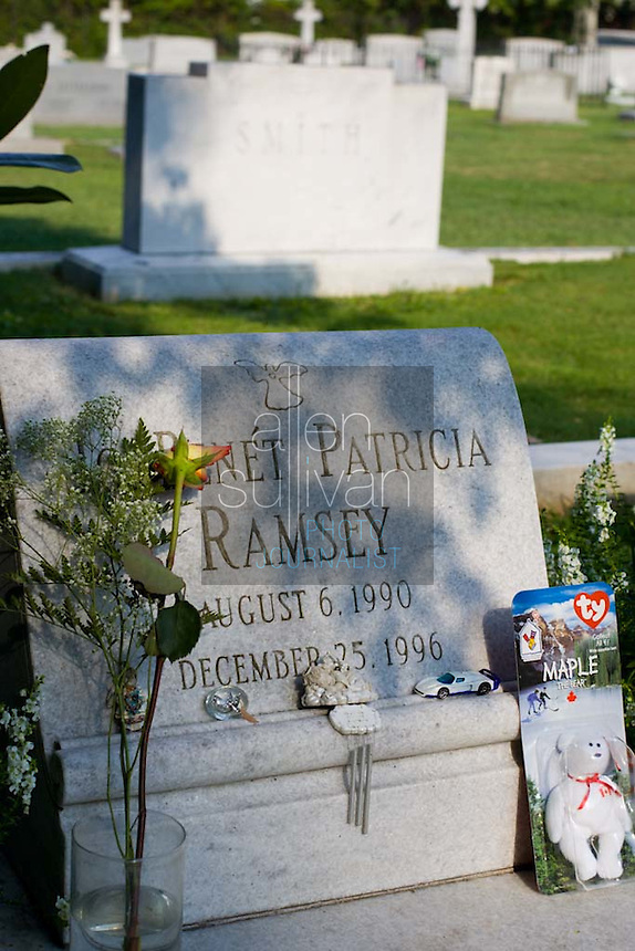 The grave site of JonBenet Ramsey in St. James Episcopal Cemetery. The six-year-old girl was found murdered in 1996.